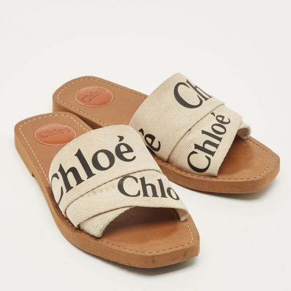 Chloe Woody Size 38 White Canvas Flat Slide - Picture 4 of 7
